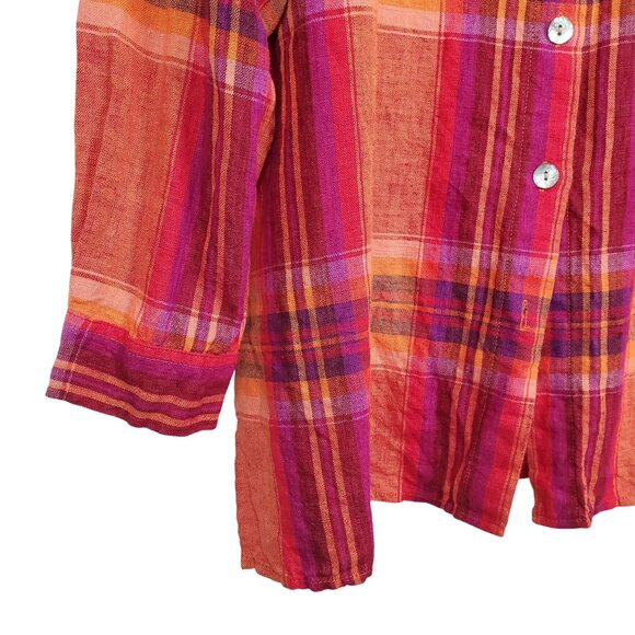 Chicos Design 3 Size XL Shirt Abalone Shell Button Plaid 100% Linen Relaxed Boho - Picture 10 of 11
